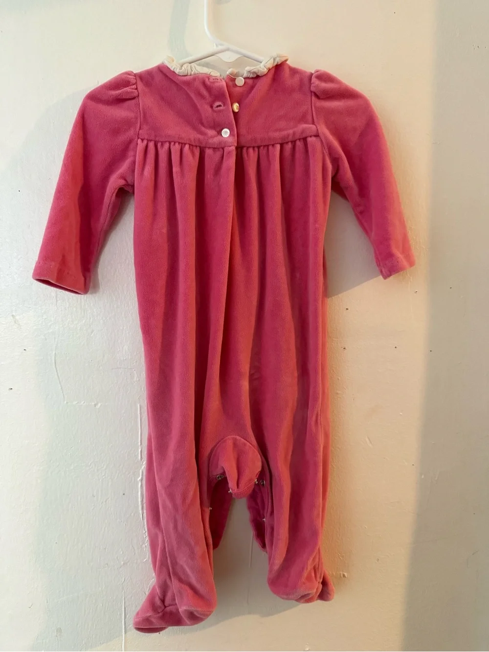 Ralph Lauren Rose Pink Velvet Footed One-Piece with Ruffle Neck